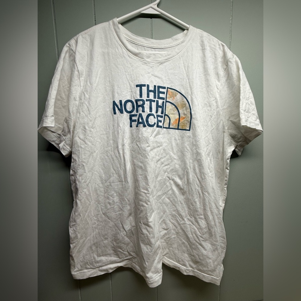 The North Face White Short Sleeve Logo Tee with Navy and Orange Accent